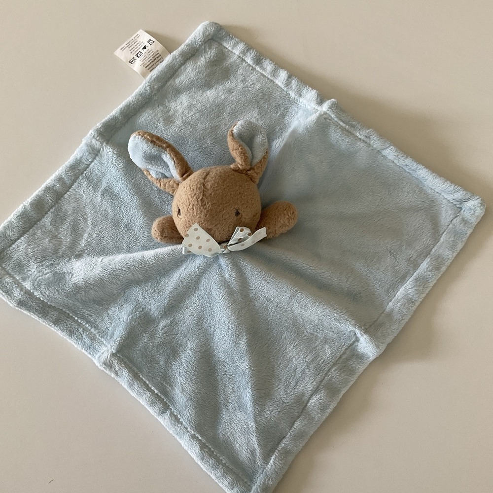 Blue Brown Baby Bunny Rattle Security Blanket